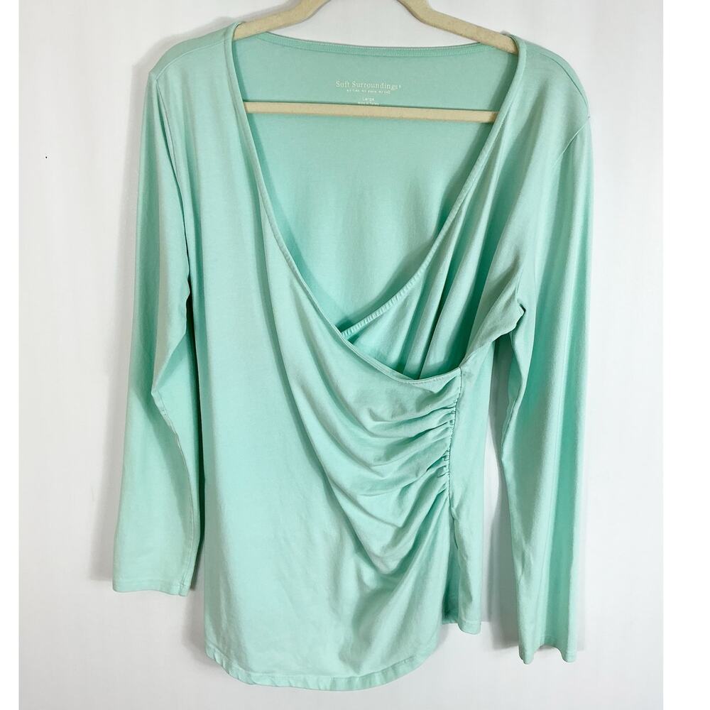Soft Surroungings Womens Faux Wrap Top Aqua Light Blue Shirt Long Sleeve Large